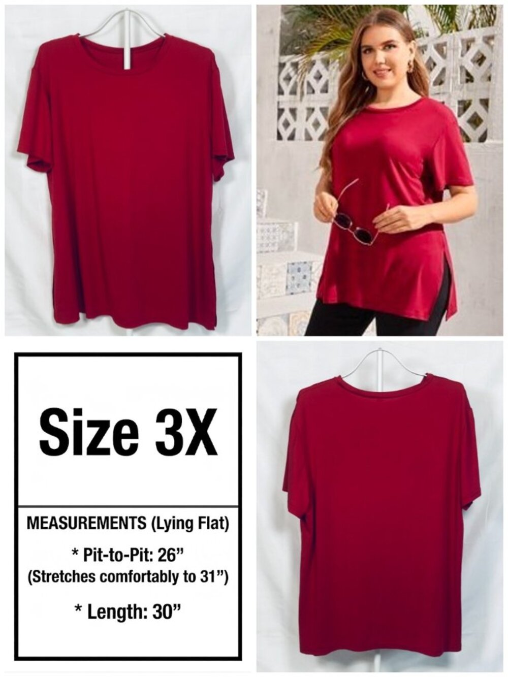 SHEIN Curve Red Split Hem Tunic Plus Size Tee 3X XXXL 3XL Fall Top Fits 20 22 24